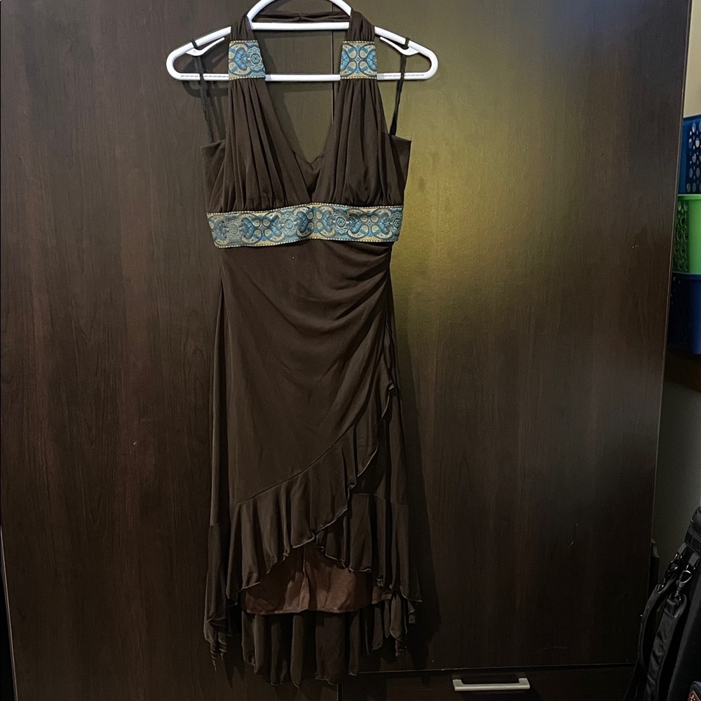 Elegant Brown Halter Dress with Blue Accents